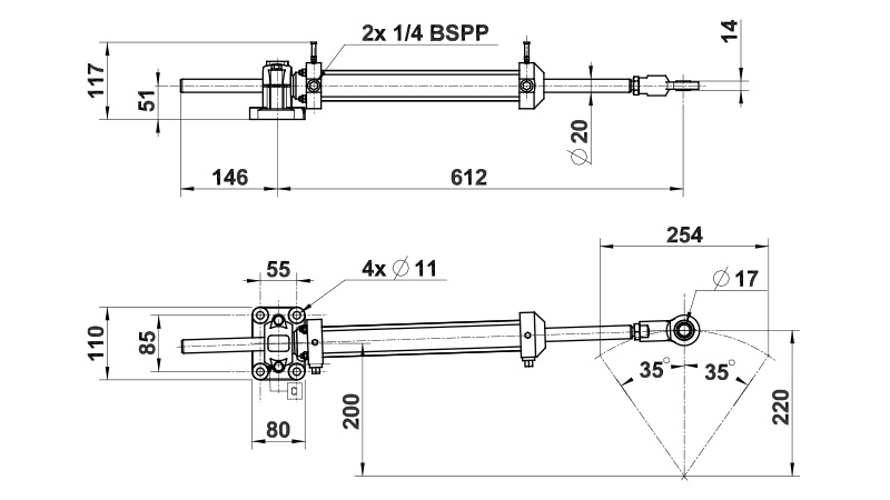 L&S Hydrauliohjaussylinteri VHM 40 DTP C254 105kg/m