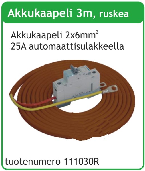 Akkukaapeli 6mm2 3m 25A automaattisulakkeel a, ruskea