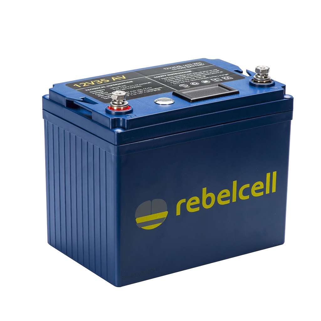 Rebelcell Li-Ion akku, 12V35A (432 Wh). Paino n. 3.1kg. Jännite/varausnäyttö