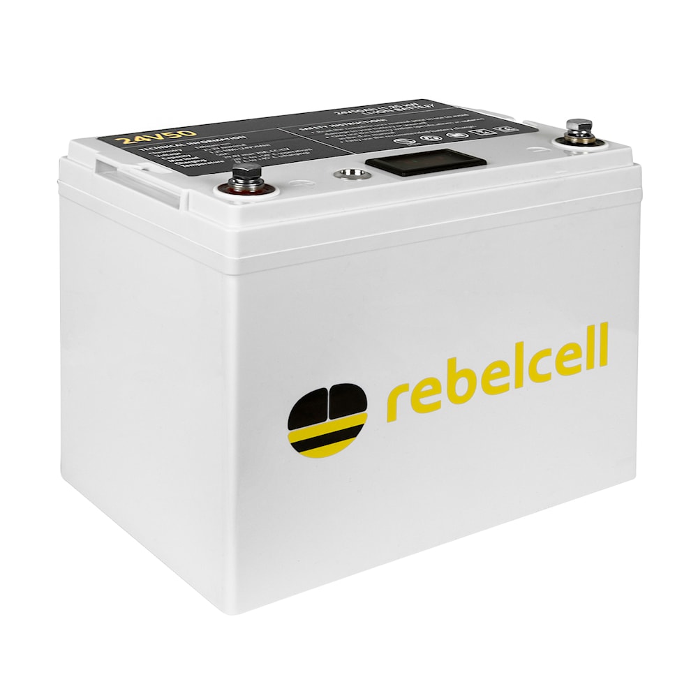 Rebelcell Li-Ion akku, 24V50A (1250 Wh). Paino n. 8.6kg. Jännite/varausnäyttö