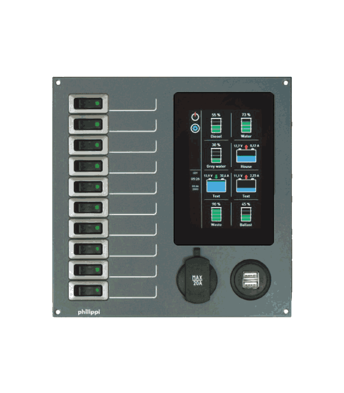 Philippi sähkötaulu STV 270 7kpl 10A sulake ja PSL PBUS monitori USB latauspistokkeet