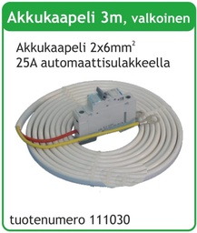 [111030] Akkukaapeli 6mm2 3m 25A automaattisulakkeella, valkoinen